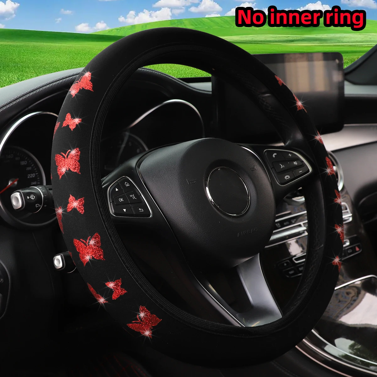 Steering Wheel Cover 1 Glitter Butterfly Blingbling Fabric Waterproof Non-slip Steering Wheel Cover Fits 14.5-15 Inches