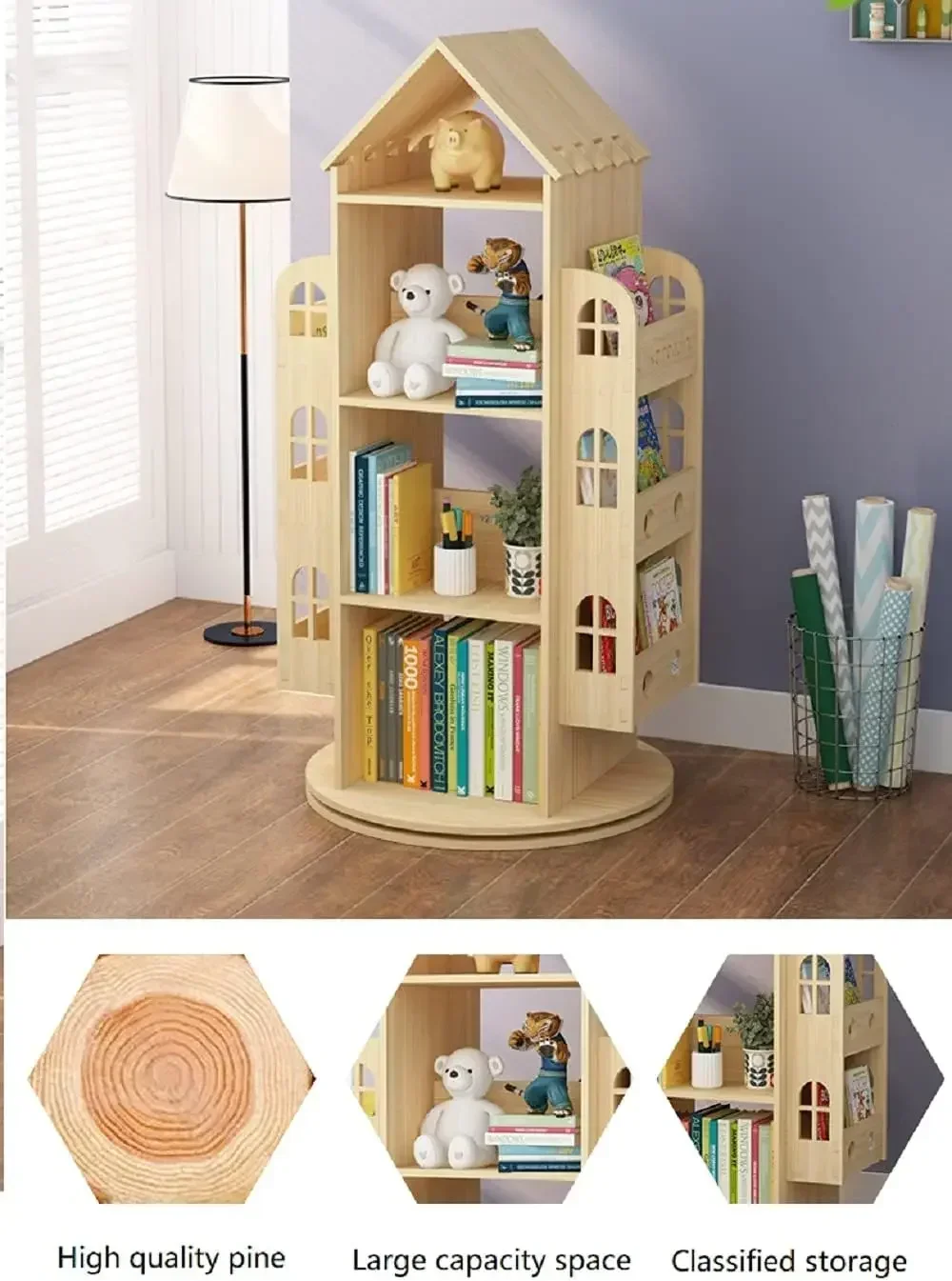 New2025-Rotating Bookshelf 360 Display Floor Standing Bookcase Storage Rack Children's Bookshelf, Wood Book Shelf Organizer Stan