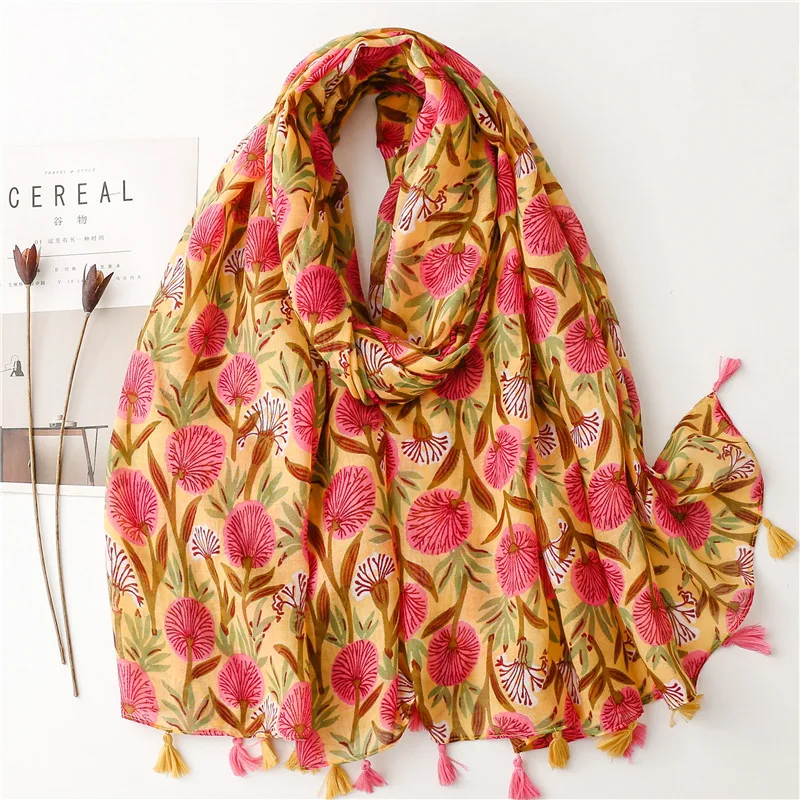 Fashion Women Spring Autumn Viscose Scarf Shawl Small Cherry Floral Tassel Pashmina Stole Wrap Echarpe Foulard Muslim Hijab Caps 4
