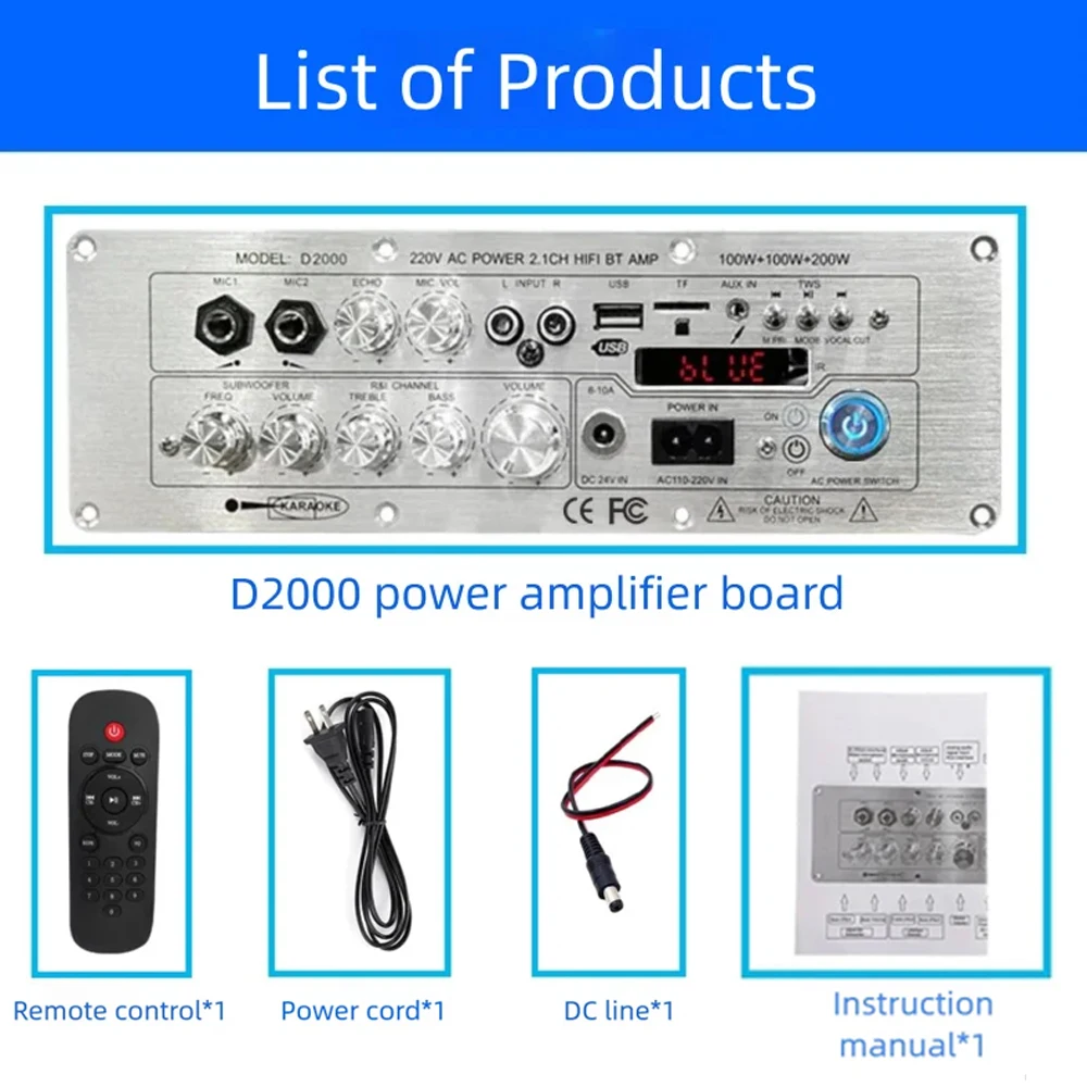 Sound Amplifier Board D2000 100W+100W+200W BT5.1 AUX/USB/TF Card Channel2.1 HiFi