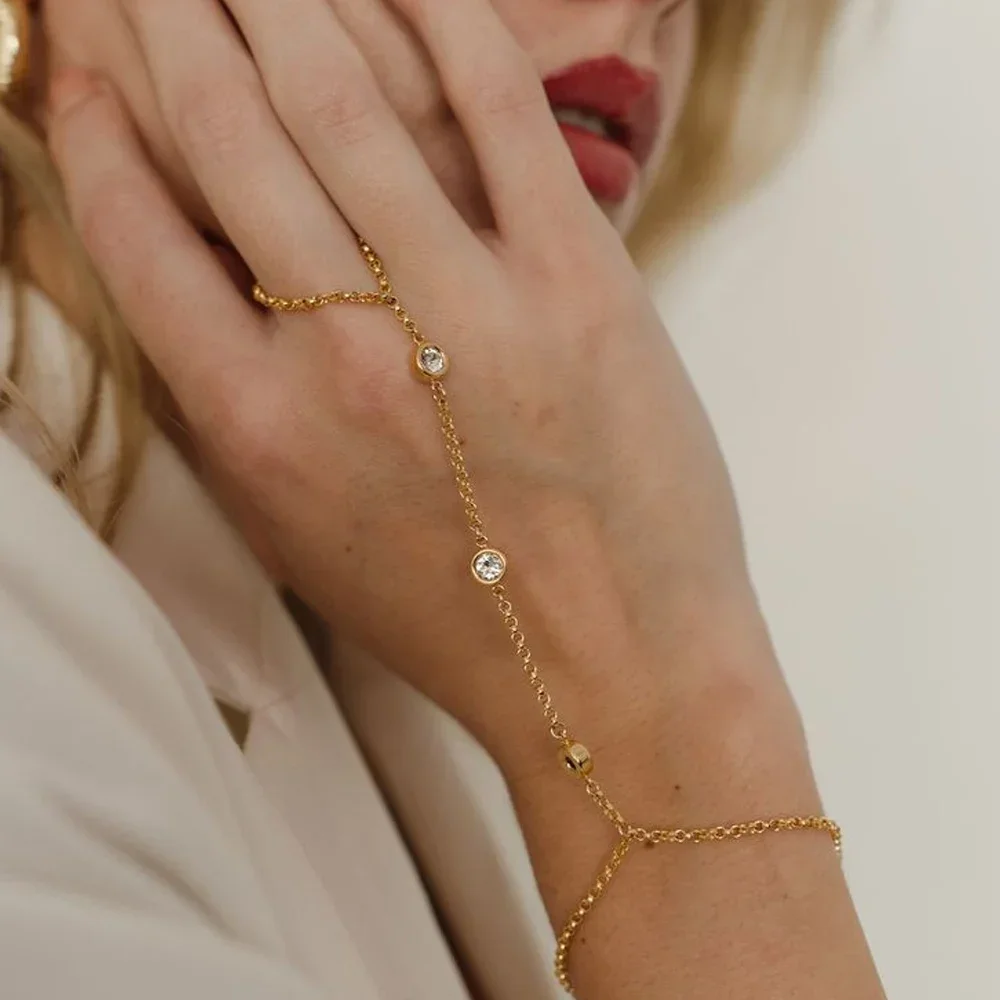 Unusual Golden Metal Chain Bracelet Ring Women Trendy Stainless Steel Zircon Hand Chain Bracelets Waterproof Jewelry Wholesale