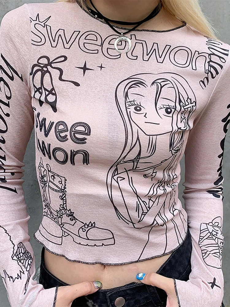 

Футболка женская в японском стиле Харадзюку, модный кроп-топ в Корейском стиле с мультяшным графическим принтом, облегающая уличная одежда с длинным рукавом, Y2k, осень