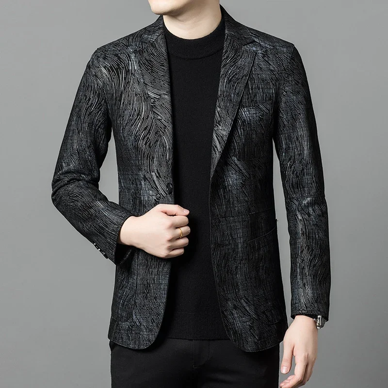 Men Leather Jacket High-end Men's Leather Sheep Boutique Handsome Fashion Slim Leather Floral Suit Business Casual Men's Wear Sheepskin