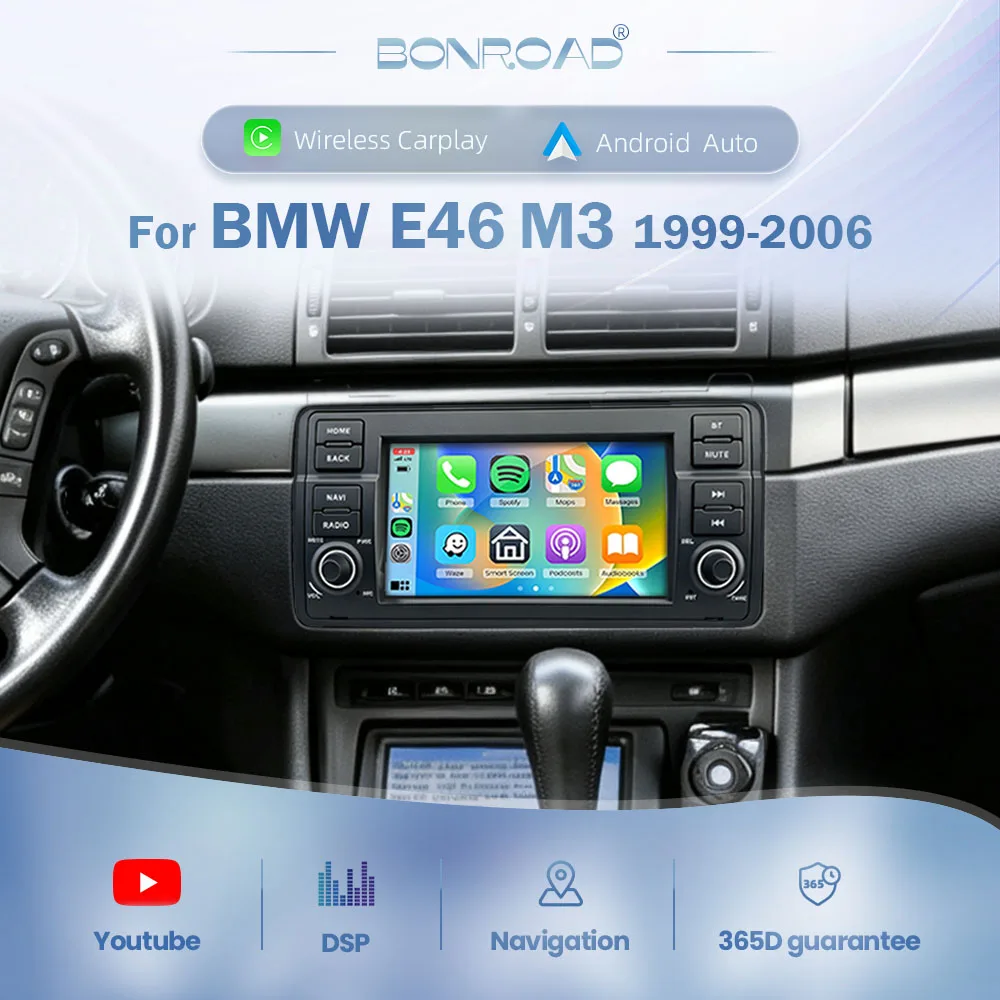 BONROAD Radio de coche inalámbrico Carplay de 7 pulgadas para BMW E46 M3 2000-2006 Rover 75 1999-2005 MG ZT 2001-2005 Reproductor multimedia de vídeo para coche Android Auto inalámbrico RDS DSP GPS Navegación Linux Pantalla táctil 1