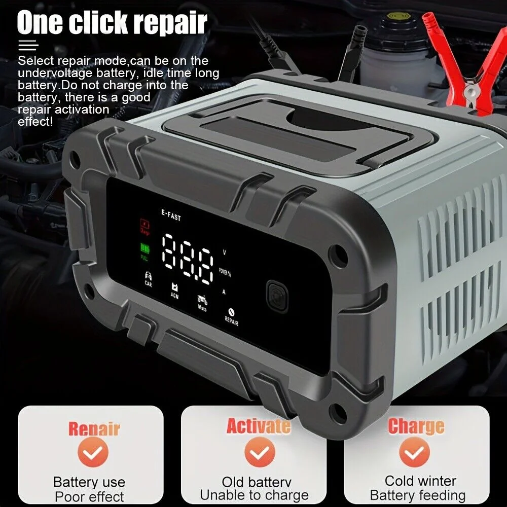 10A/6A/5A Fully Automatic Battery Charger 12V/24V Car Motorcycle Level 7 Charging Pulse Repair for Car Motorcycle AGM GEL WET