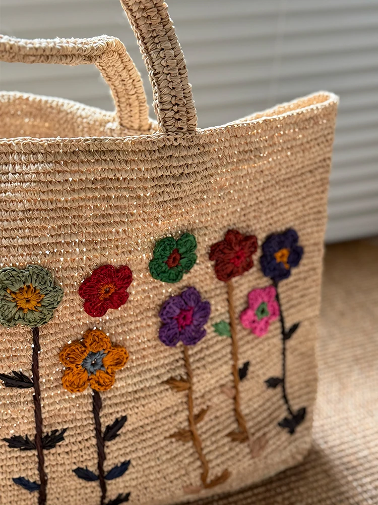Bohemian Flower Straw Bag Handbag Summer Raffia Beach Bags for Women Shoulder Bag Handmade Bali Travel Woven Rattan Bags Tote