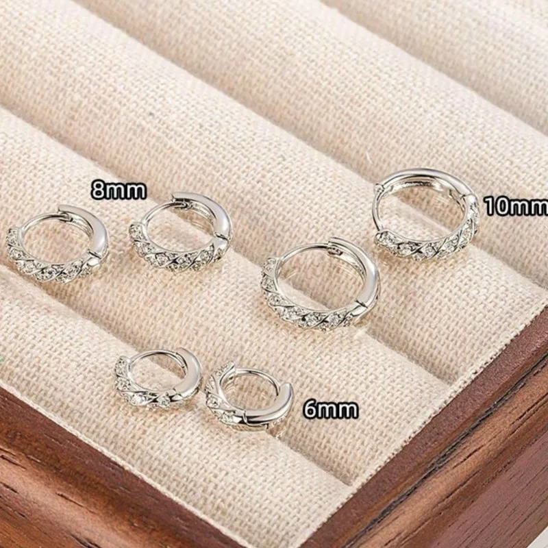 Silver Color Twists Cubic Zirconia Hoop Earrings for Women Simple Trendy Daily Party Jewelry Accessories