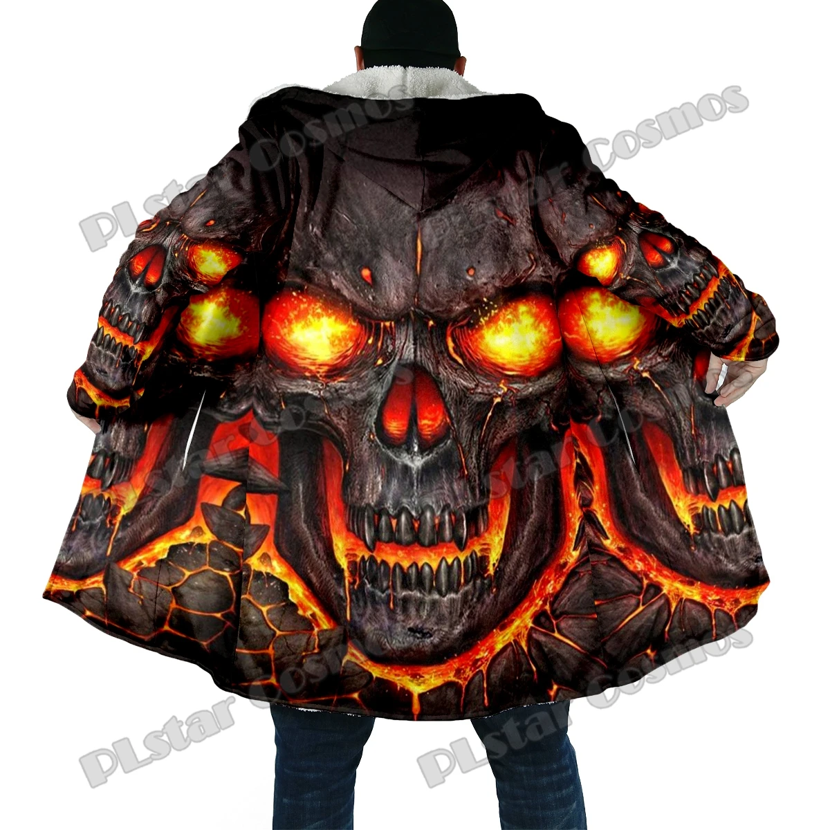 

Winter Fashion Men's cloak Flame skull Pattern 3D All Over Printed Thick Fleece Hooded Cloak Unisex Casual Warm Cape Coat DP50