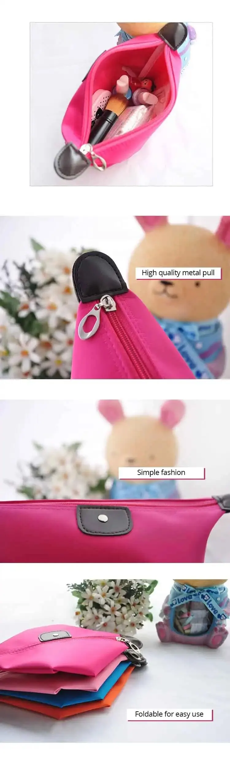 Description Picture 5 of item1pc Candy Colored Patch Detail Makeup Bag Waterproof Folding Dumpling Type Cosmetic Storage Wash Bag for Girls and Women