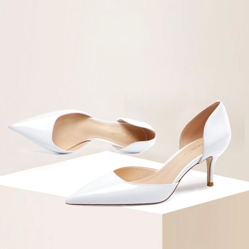 

White Patent Leather High Heels Women New Simple Style Young Lady 6cm Light Color Pointed Toe Pumps Hollow Slip-on Daily Wear