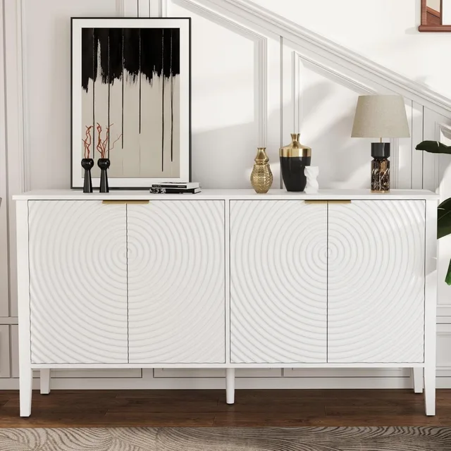 Buffet Sideboard with Storage, Coffee Bar Sideboard with Unique Pattern and Adjustable Shelf, Accent Storage Cabinet with 4 Door