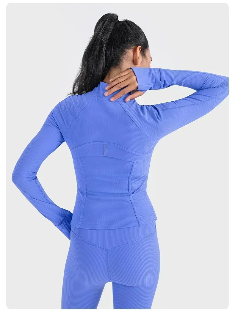 Lemon Women Ribbed Cropped Define Stand Neck Jacket Lightweight Breathable High Elastic Fitness Yoga Coat Tight utdoor Sport Top