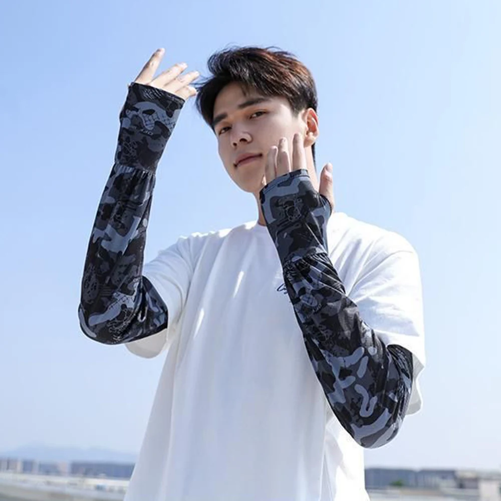 Camouflage Ice Sleeves For Men Summer Sun Protection Sleeves Loose Cycling Arm Outdoor Uv Protection Half Finger Cuffs