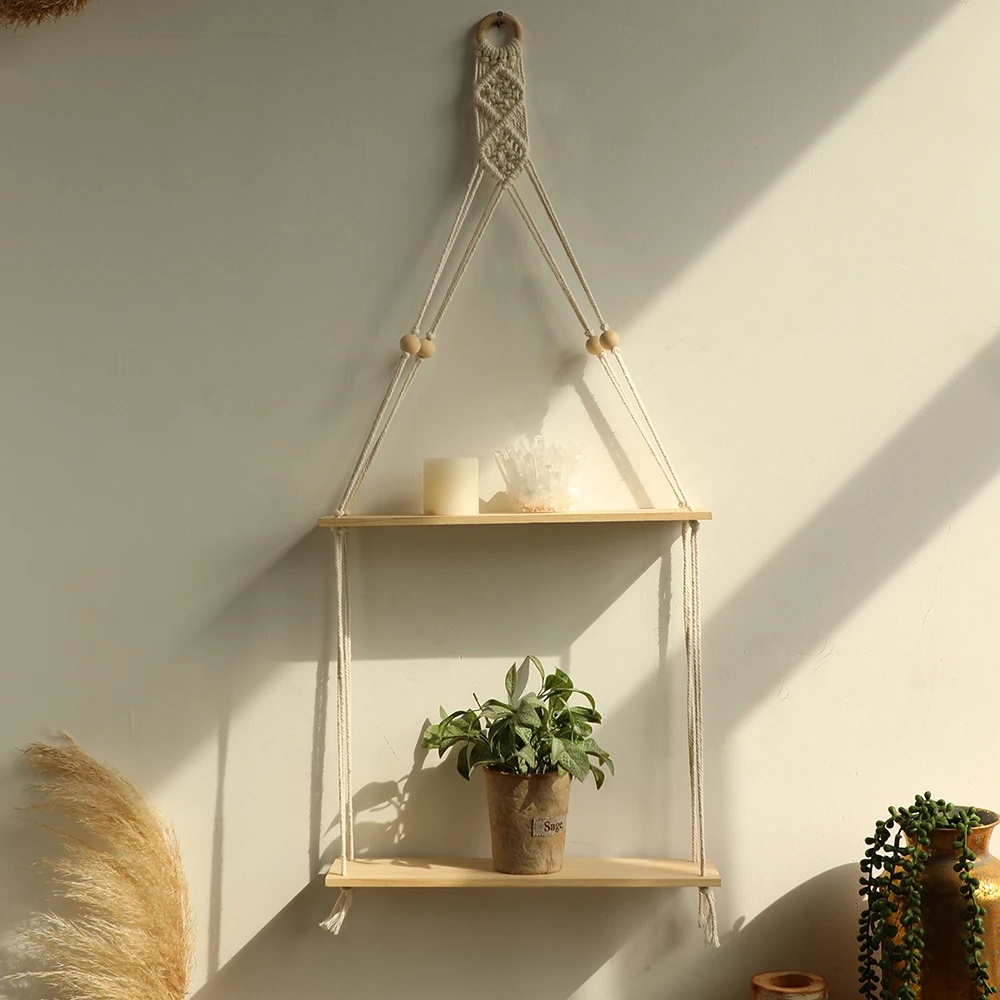 Makramee-Schwimmregale aus Holz, Wandbehang, Boho-Heimdekoration, 2-stufiges Kiefernholz, Baumwollseil für Schlafzimmer, Badezimmer, Wohnzimmer – Detail 8