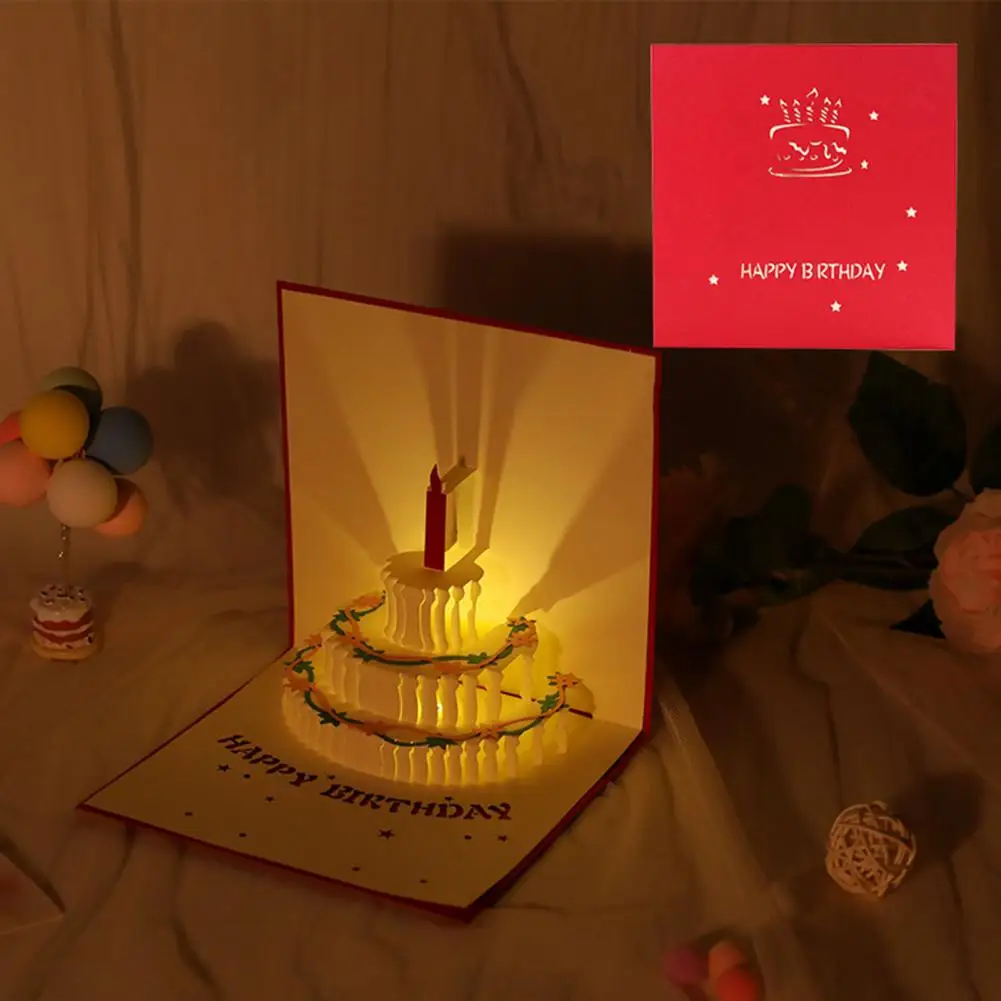 Lighting Music Happy Birthday 3D Card Birthday Cake Folding Festival Greeting Card Postcard Greeting Cards Postcards Christmas