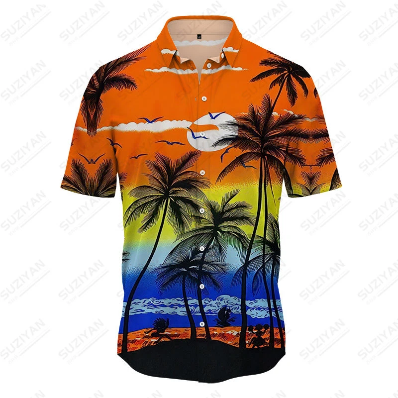 Summer Men's Short Sleeve Shirt Button Lined Cardigan Top 3D Print Plus Size Short Top Hawaii Beach Tour Coconut Tree 2023 New