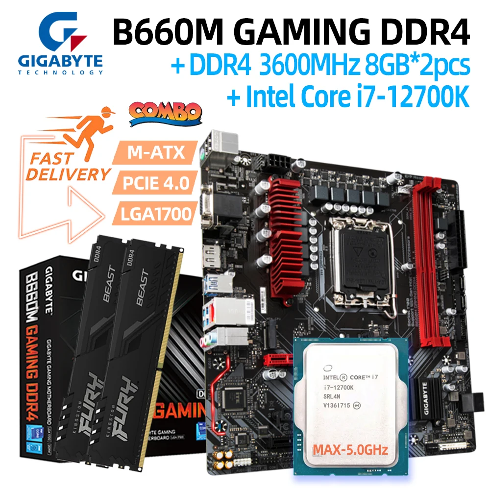 

Intel i7 12700K CPU + GA B660M Gaming DDR4 Motherboard + Kingston FURY Beast 16G (8G*2) 3600 MHz RAM Suit LGA 1700 Mainboard Set
