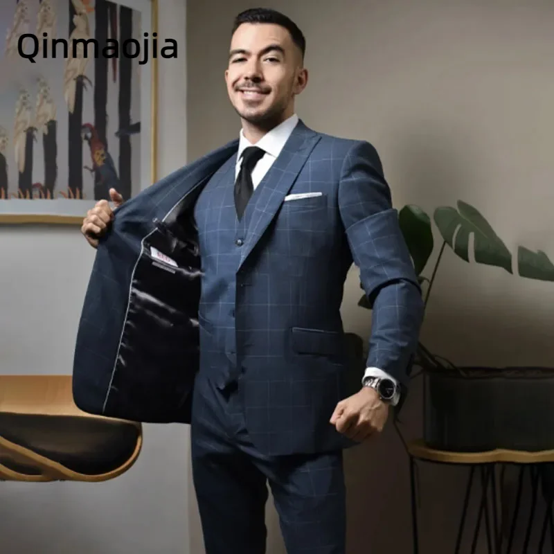 

Business Navy Blue Plaid Wedding Suit For Men Lapel Groom Tuxedos Party 3Pieces Sets Elegance Male Costume Men's clothing