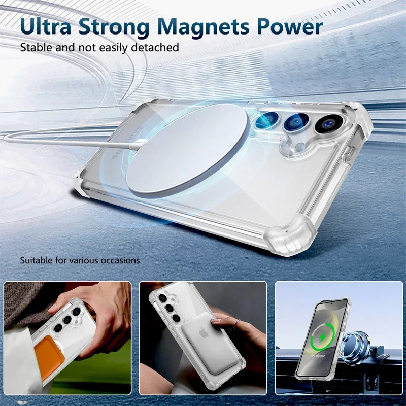 Shockproof Armor Transparent Case For Samsung Galaxy S25 S24 S23 S22 S21 Note 20 Ultra Plus S23FE S24FE For Magsafe Charge Cover 4