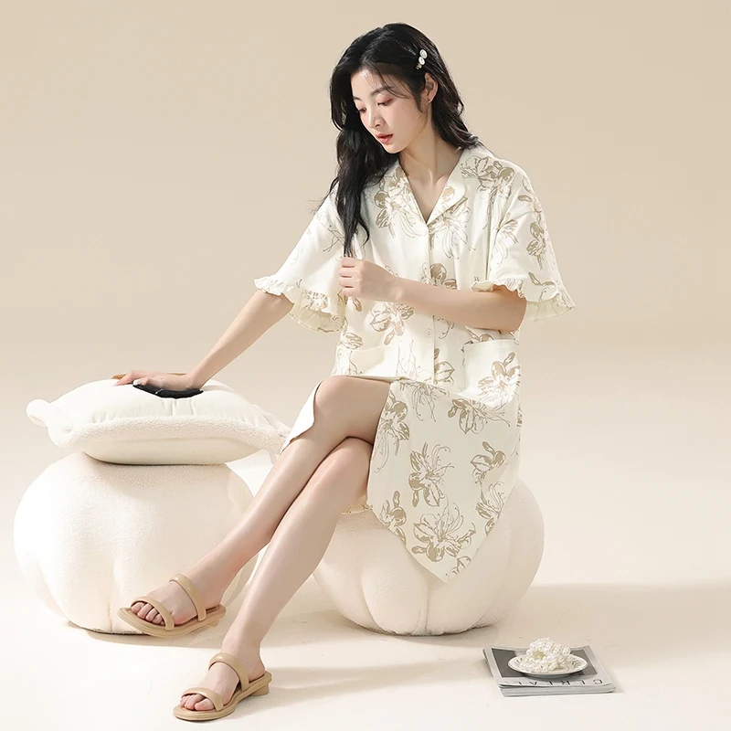 Student Summer Short Sleeve 100% Cotton Print Nightgowns for Women Korean Cute Lace Sleepwear Night Dress Nightdress Home Nighty