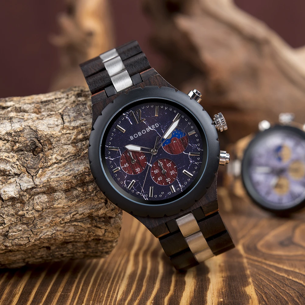 BOBO BIRD Wooden Mens Watches Chronograph Timepieces Luxury Quartz Wrist Watch For Men relogios masculino Custom Dropshipping