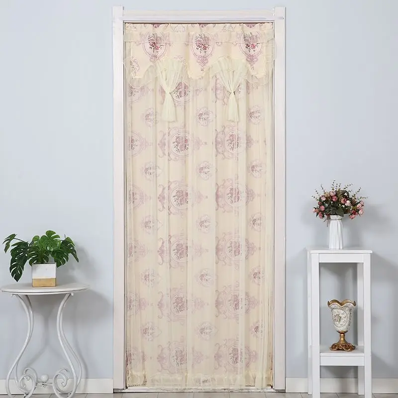 Lace Embroidered Door Curtain, Punch-free Mosquito Screen Curtain Breathable Bedroom Partition Curtain, Double Layer opening 1Pc
