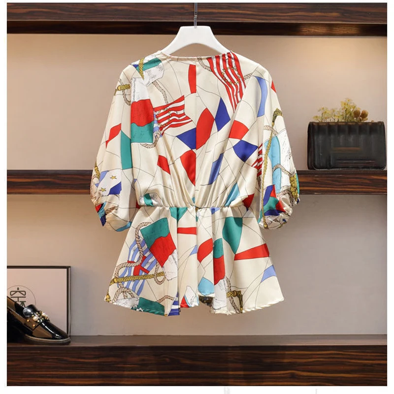 2025 Spring New Woman Pant Set Two-piece V-neck Bat Sleeve Elastic Waist Color Block Printed Top Wide Leg Pants Female Clothing