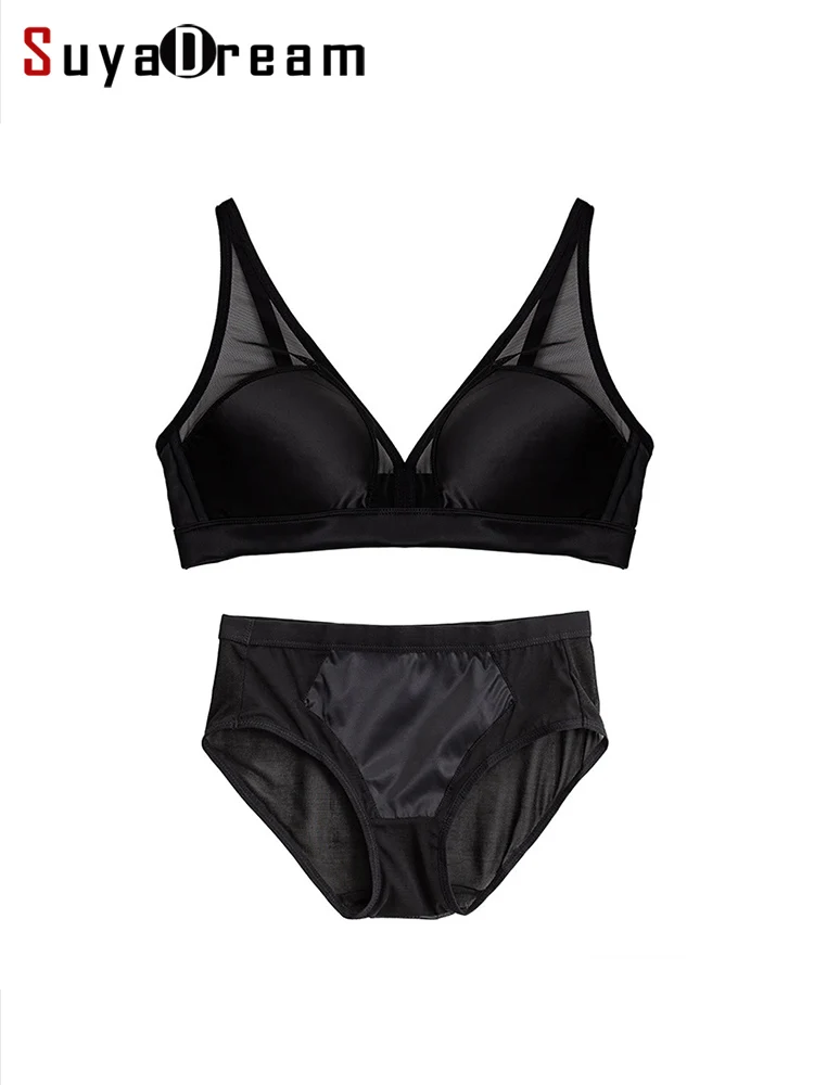

SuyaDream Women Silk Bra Set 100%Natural Silk Lining A B Cup Wire Free Underwears 2023 Comfortable Intimates Silver Pink