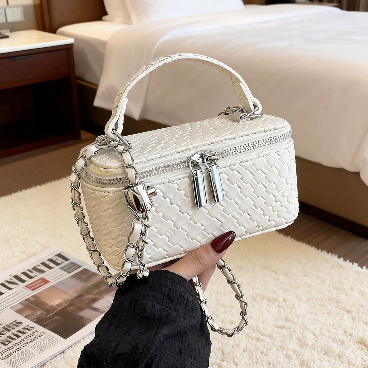 Retro Damen Umhängetasche Gewebtes Muster Weiche PU-Leder Handtasche Multifunktionale Verstellbare Kettenriemen Schultertasche für den Arbeitsweg