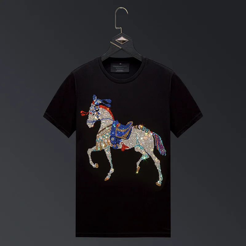 Colorful Rhinestone Horse Graphic T-Shirts for Women - Fashionable Streetwear O-Neck Short Sleeve, Plus Sizes Available