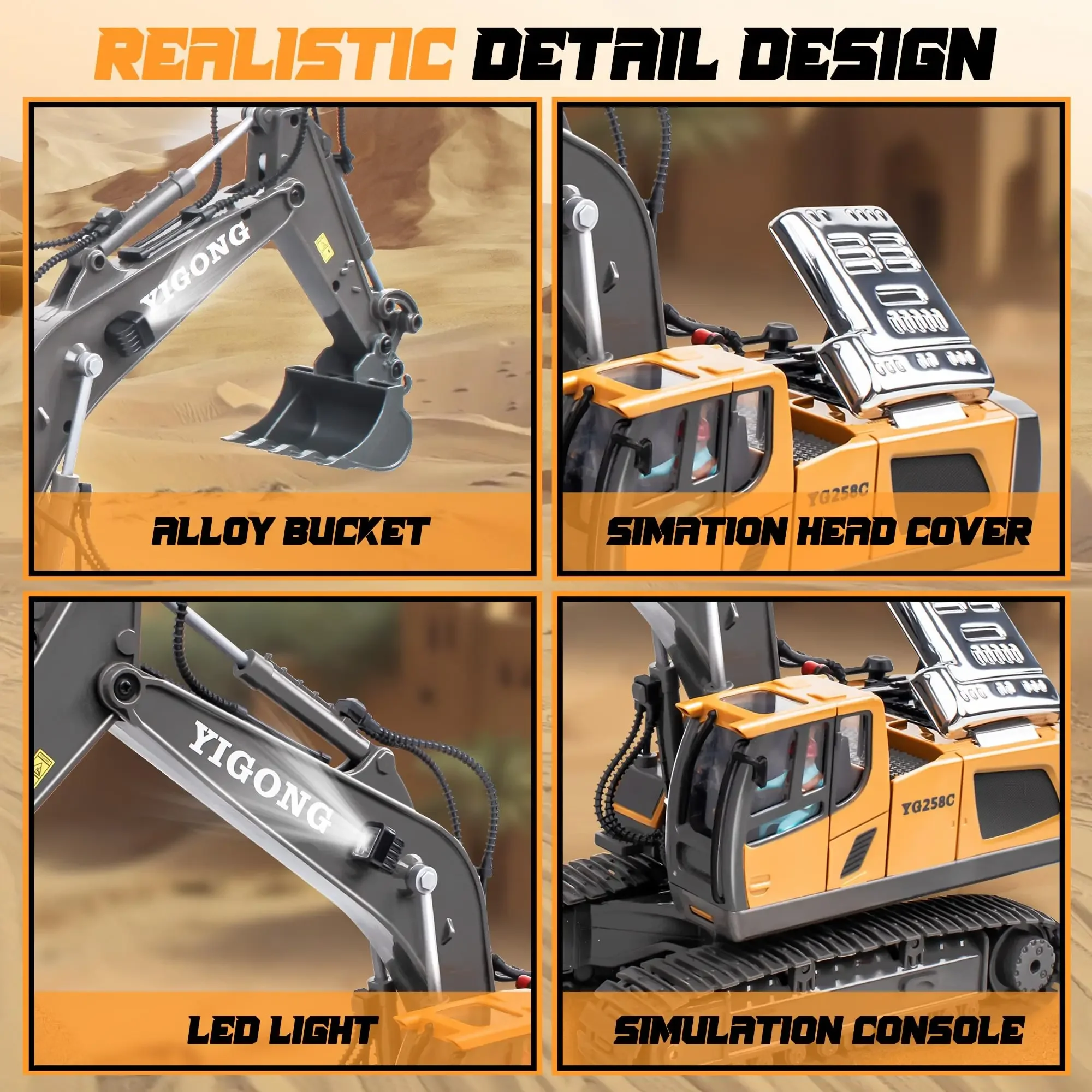 1/20 Remote Control Excavator 11 Channel RC Excavator Truck Toys 2.4Ghz Construction Vehicles with Metal Shovel Rotation for Kid 6