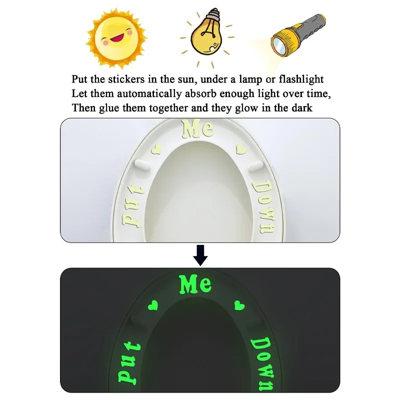 1pcs Letter Luminous Toilet Sticker Glow in The Night Self-Adhesive DIY Wall Stickers Bathroom Decoration Flower Heart Home Decor