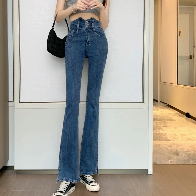 JMPRS High Waist Flare Jeans Elastic 100% Cotton Korean Skinny Denim Pants Fashion Button Blue Autumn Casual Female Jeans New straight jeans