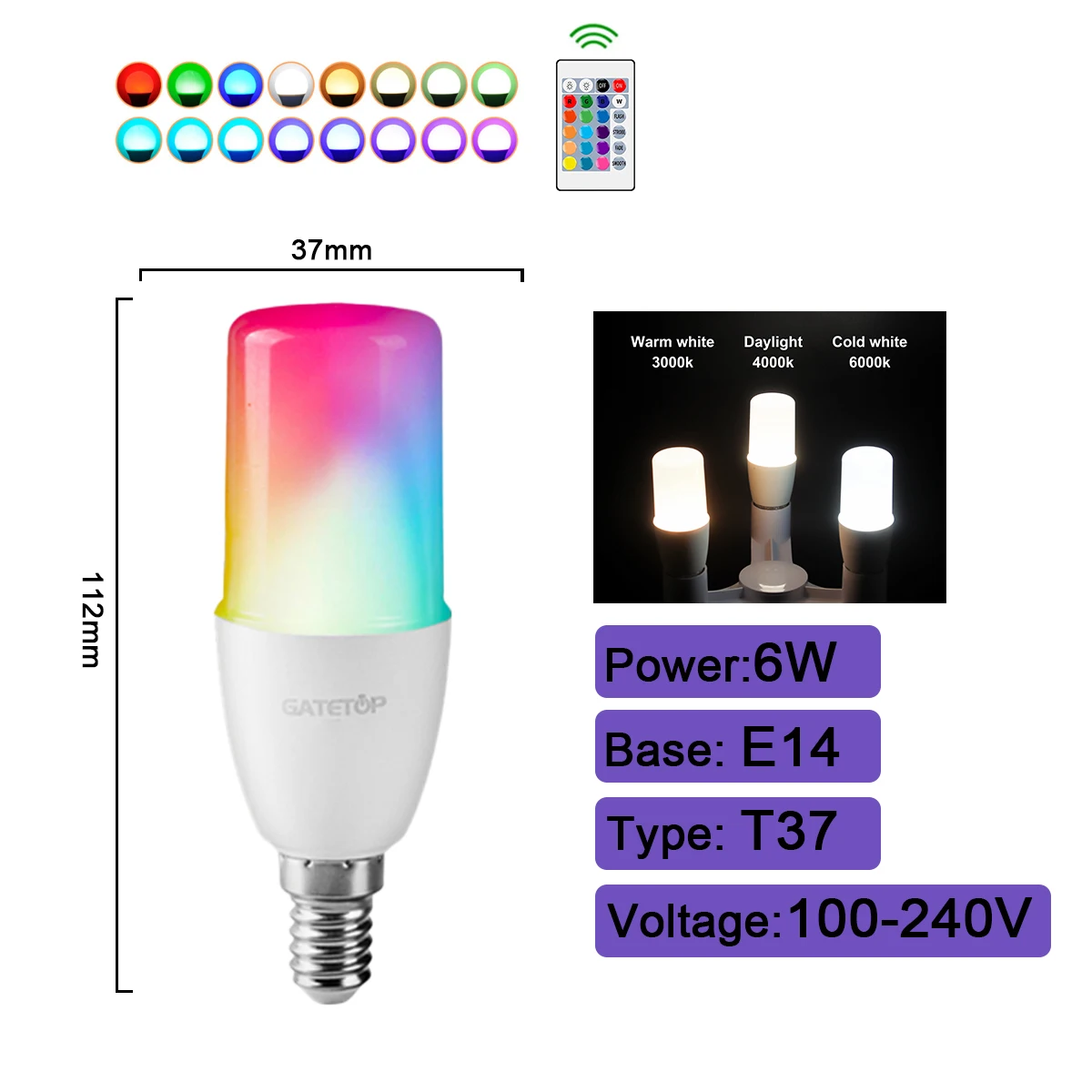 ตัวเลือกสินค้า หลอดไฟ RGBW สปอตไลท์ ปรับสีได้ พร้อมรีโมท E27 E14 B22 GU10