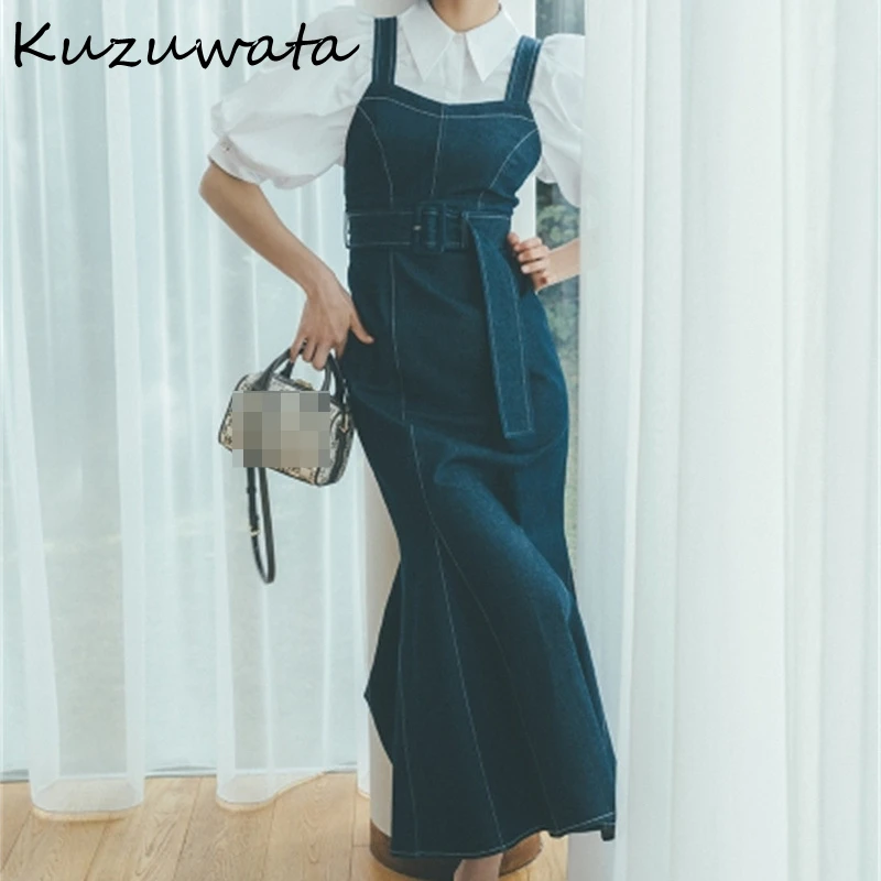 Kuzuwata Fashion Temperament Strap Dress Woman High Waist All-match Maxi Dresses for Women High-end Solid Color Vestidos 2022 jumper dress