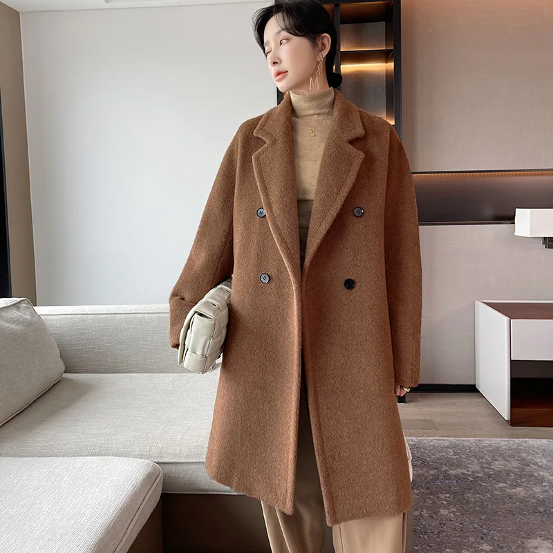 

2023 High-end Winter Coat Women Alpaca Thickened Warm Coat Mid-Length Black Wool Coat Female Season New Casual Fashion Commuting