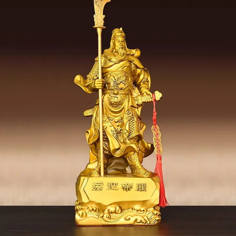Guan Gong Brass Statue - Chinese God of Wealth Warrior Figure with Sword, Full Copper Guan Yu Statue for Home/Business Decor