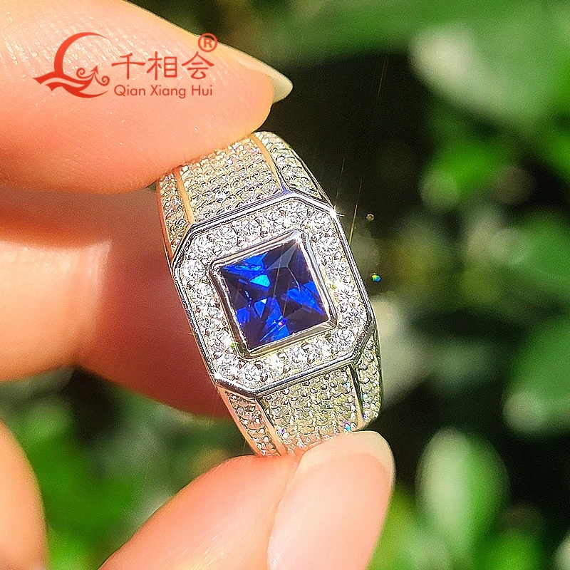 square ruby sapphire Gypsophila Real Moissanite Ring For Men and woman Sterling 925 Silver  Engagement Male Wedding Jewelry