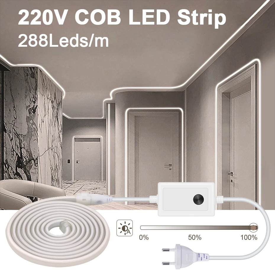 Tira de luces LED COB de neón, cinta flexible suave de 20m, 35m, 50m, 220V,  288Led/m, resistente al agua, de alto brillo, para habitación, cocina y  jardín - AliExpress