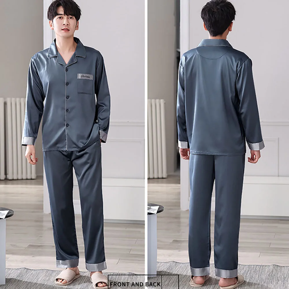 L-4XL Big Size Silk-like Solid Sleepwear For Sleeping Spring Autumn 2024 Breathable Cool Pajamas Set Loose Smooth Pijama Hombre