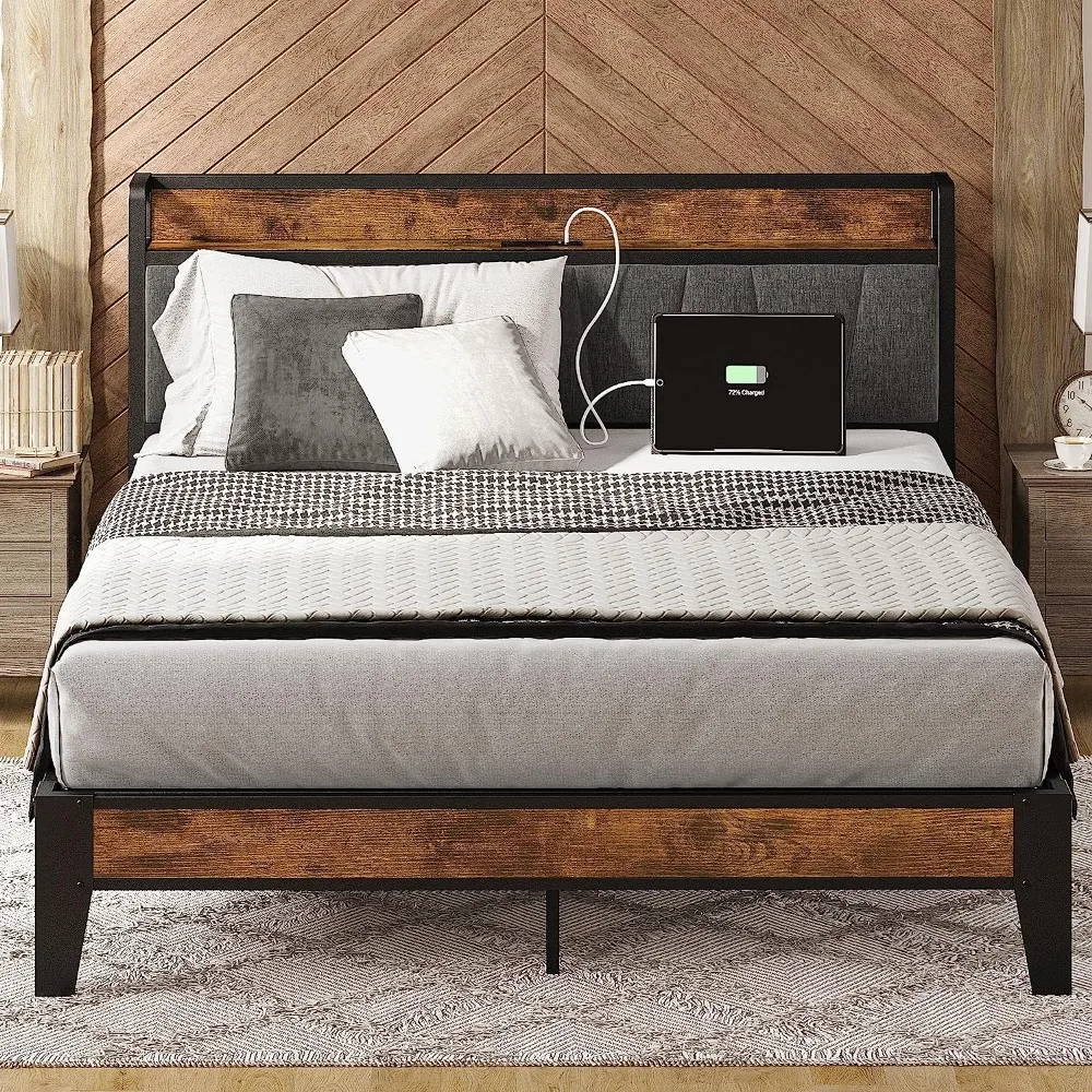 

Queen Bed Frame, Storage Headboard with Charging Station, Solid and Stable, Noise Free, No Box Spring Needed, Easy Assembly