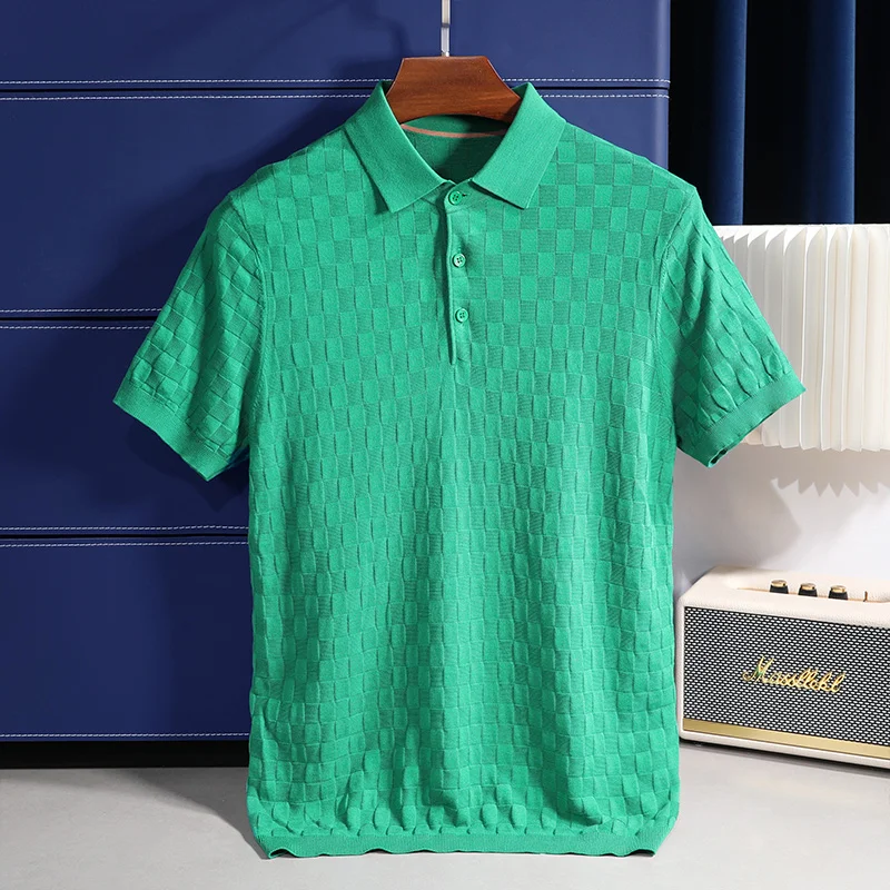 

Роскошная модная летняя мужская рубашка-поло с отложным воротником и шахматным узором, деловая Повседневная футболка Lyocell с коротким рукавом, женская