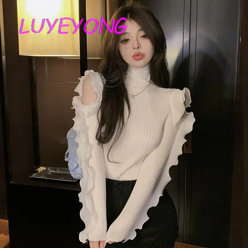 

Elegant Pullover Jumpers Lady Mesh Patch Ruffles Off Shoulder Turtleneck Sweaters Women Black White Basic Knit Sweater Autumn