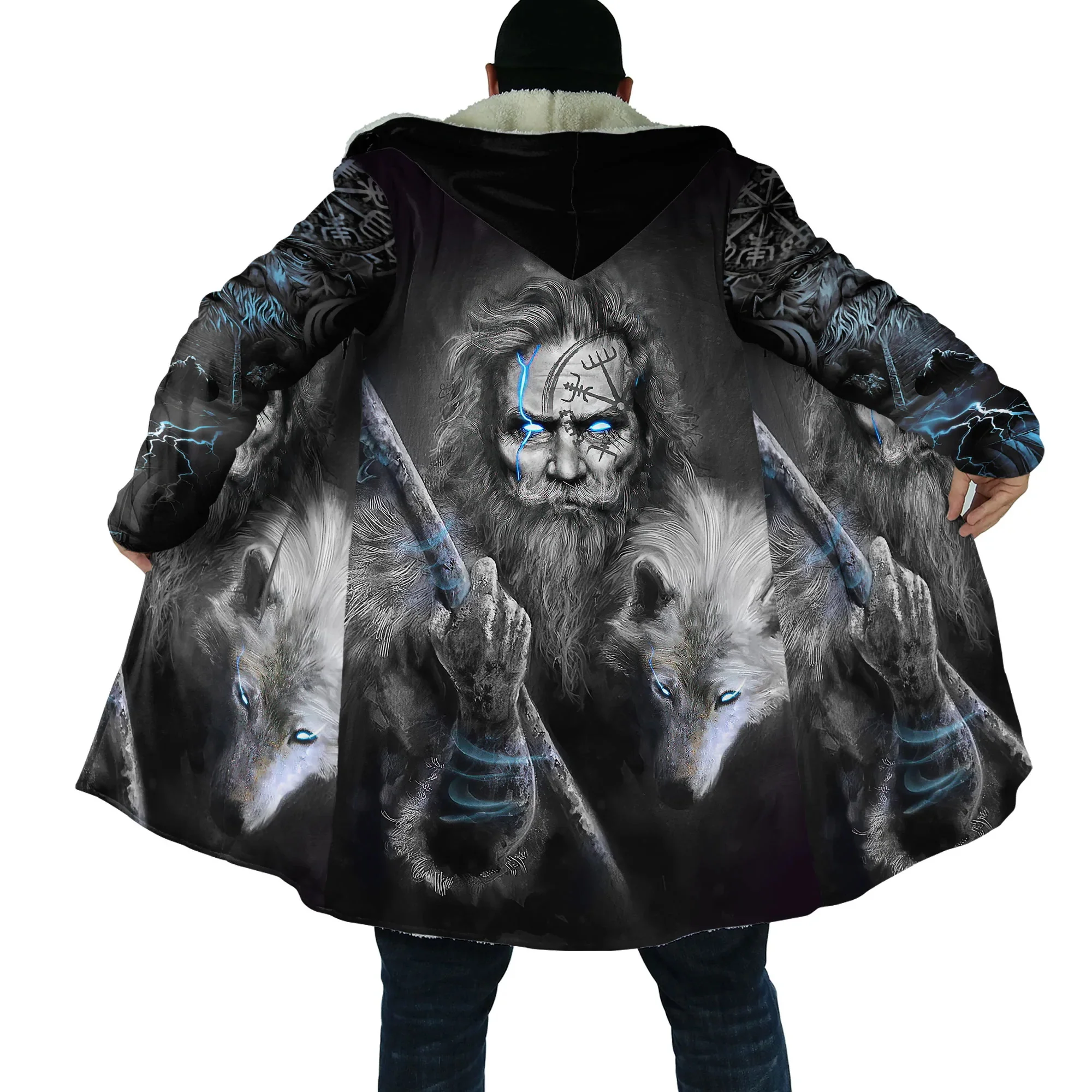 Herren-Umhang Fenrir Wolf Tattoo Vegvisir Rune Tribal 3D-gedruckter Fleece-Kapuzenumhang Unisex Lässiger dicker warmer Cape-Mantel PF81 – Detail 25