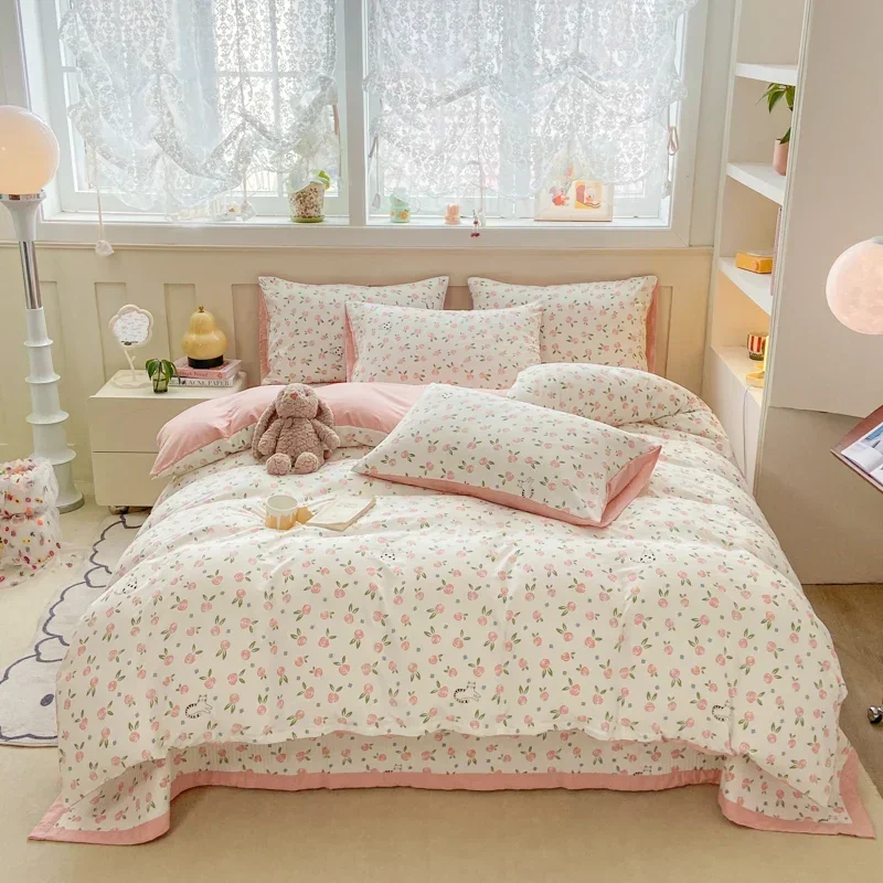 Plant Floral Duvet Cover 3 Piece Set, Cute Cartoon Cat Pattern Bedding Set, Women Kids Girls Bedroom Decorative Pink Quilt Cover 2