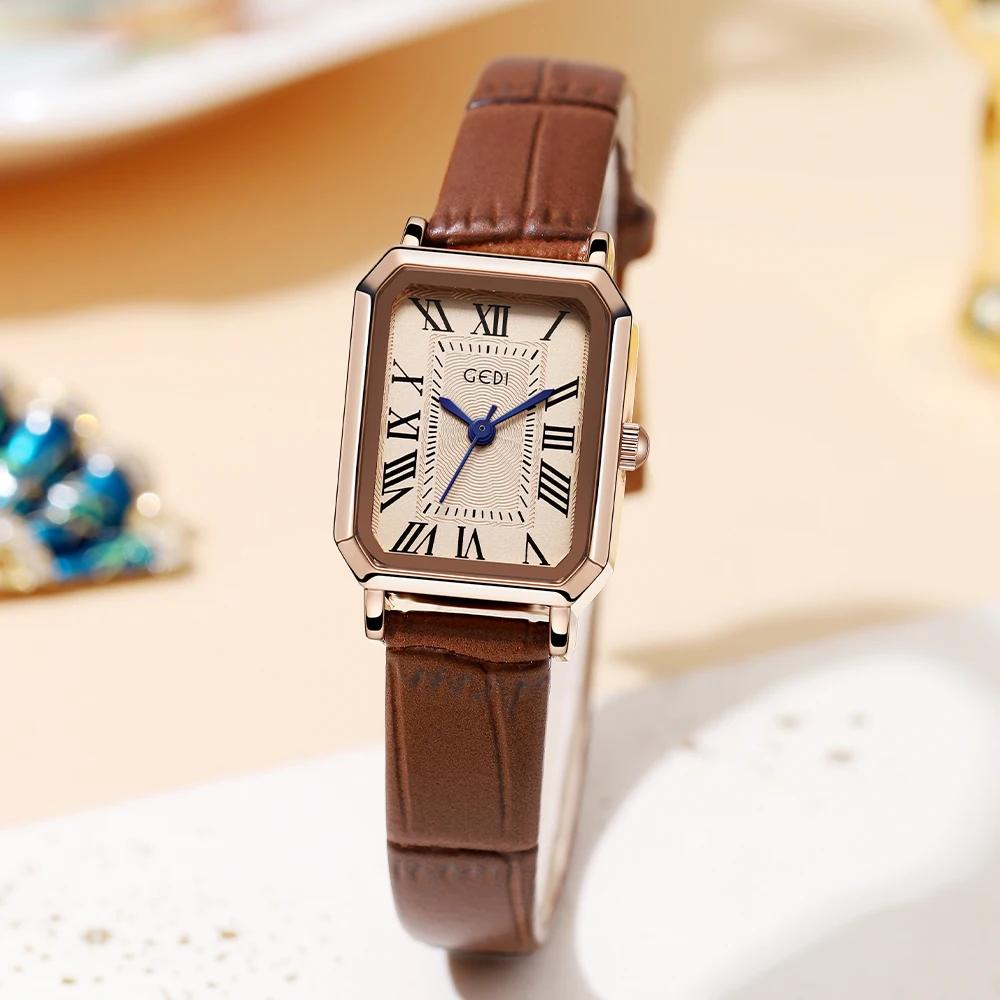 

Luxury Rectangle Ladies Watches Genuine Leather Strap Roman Dial 3ATM Water Resistance Fashion Quartz Wrist Watch for Woman Gift
