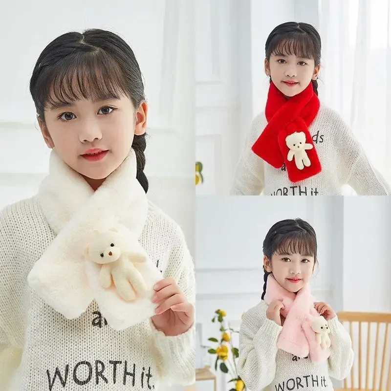 

2023 NEW Children's Scarf Winter Cute Cartoon Warm Thickened Bear Plush Scarf for Women Korean Version Cross Plush Trendy