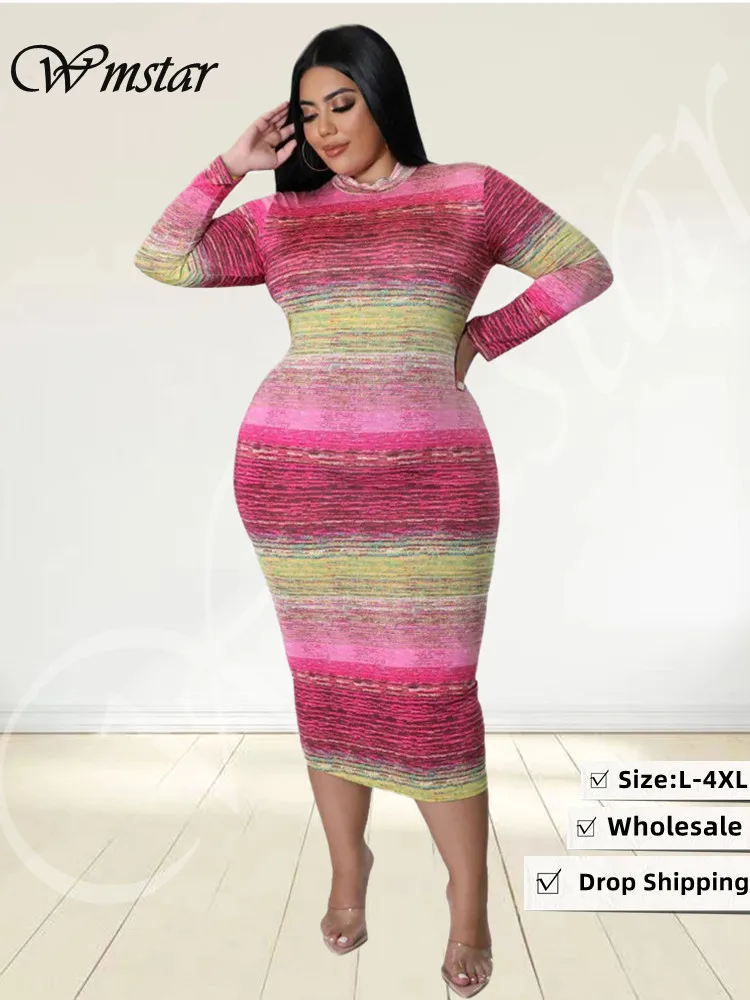 Wmstar Plus Size Dresses Tie Dye Bodycon Women Clothes Long Sleeve Zipper Back Casual Fashion Maxi Dress Wholesale Dropshipping