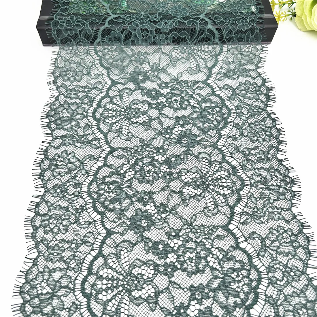 3y/lot Width 9 inch 23cm Dark Green Eyelash Lace Trim Non-Elastic 2