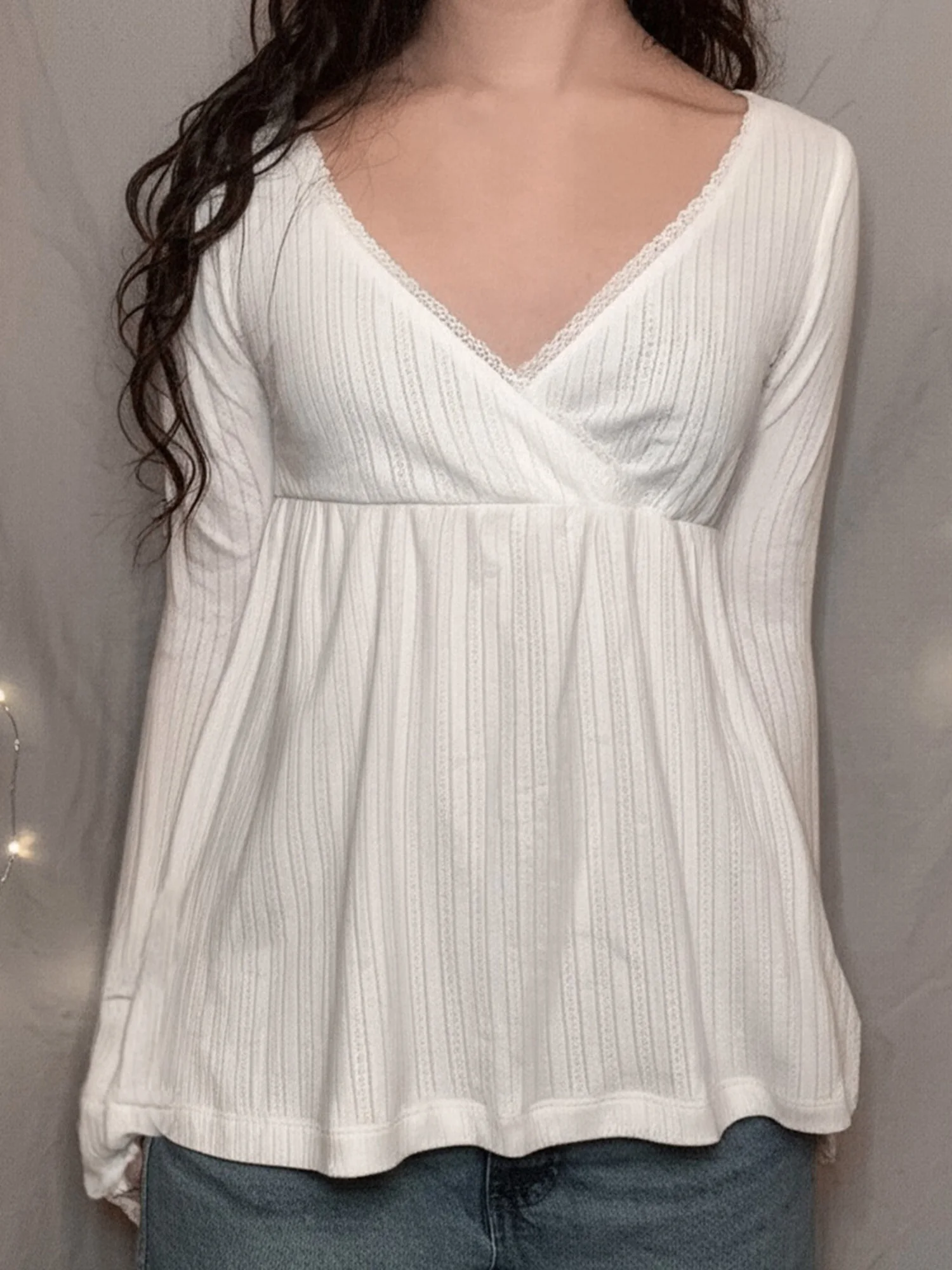 Women s Autumn Long Sleeve Blouse Elegant Solid Color V-Neck Wrap Top with Lace Trim for Stylish Casual Wear